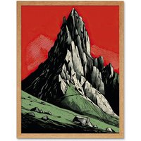 Artery8 Wall Art Print Tryfan Mountain Peak Bold Linocut Art Framed in Light Oak | Size: W12" x H16"