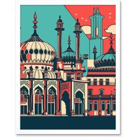 Artery8 Wall Art Print Brighton's Royal Pavilion in Ivory Blue & Red Art Framed in White | Size: W12" x H16"