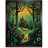 Artery8 Wall Art Print Cabin Hut in the Forest Green & Orange Linocut Art Framed in Brown | Size: W12" x H16"