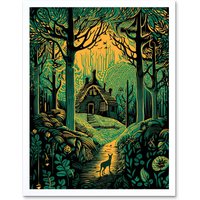 Artery8 Wall Art Print Cabin Hut in the Forest Green & Orange Linocut Art Framed in White | Size: W12" x H16"