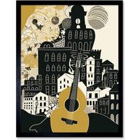 Artery8 Wall Art Print Edinburgh Cityscape Fringe Festival Guitar Linocut Art Framed in Black | Size: W12" x H16"