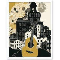 Artery8 Wall Art Print Edinburgh Cityscape Fringe Festival Guitar Linocut Art Framed in White | Size: W12" x H16"
