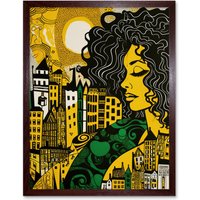 Artery8 Wall Art Print Woman & Edinburgh Cityscape Yellow Green Linocut Art Framed in Brown | Size: W12" x H16"