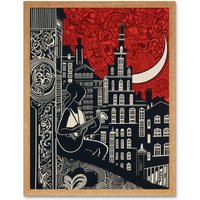 Artery8 Wall Art Print Street Musician Guitarist in Edinburgh Cityscape Art Framed in Light Oak | Size: W12" x H16"