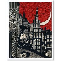 Artery8 Wall Art Print Street Musician Guitarist in Edinburgh Cityscape Art Framed in White | Size: W12" x H16"