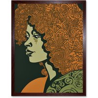 Artery8 Wall Art Print Woman Portrait with Pattern Afro Hair Art Framed in Brown | Size: W12" x H16"