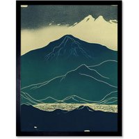 Artery8 Wall Art Print Scottish Highlands Lake Mountains Blue Linocut Art Framed in Black | Size: W12" x H16"