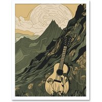 Artery8 Wall Art Print Guitar on Mountain Landscape Morning at Campsite Art Framed in White | Size: W12" x H16"