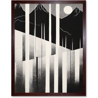 Artery8 Wall Art Print Abstract Mountain Landscape Lake Sunrise Linocut Art Framed in Brown | Size: W12" x H16"