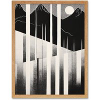 Artery8 Wall Art Print Abstract Mountain Landscape Lake Sunrise Linocut Art Framed in Light Oak | Size: W12" x H16"