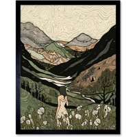 Artery8 Wall Art Print Woman in Flower Field in Scottish Hill Landscape Art Framed in Black | Size: W12" x H16"