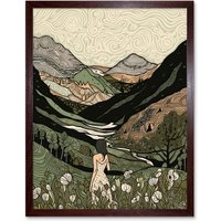 Artery8 Wall Art Print Woman in Flower Field in Scottish Hill Landscape Art Framed in Brown | Size: W12" x H16"