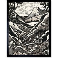 Artery8 Wall Art Print Forest Mountain Landscape Black & White Linocut Art Framed | Size: W12" x H16"