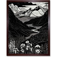 Artery8 Wall Art Print Wildflowers in Spring Mountain Landscape Linocut Art Framed in Brown | Size: W12" x H16"