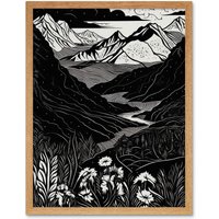 Artery8 Wall Art Print Wildflowers in Spring Mountain Landscape Linocut Art Framed in Light Oak | Size: W12" x H16"