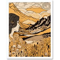 Artery8 Wall Art Print Earth Goddess Blooming Flowers Mountain Landscape Art Framed in White | Size: W12" x H16"