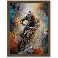 Artery8 Wall Art Print Mountain Biker Paint Splat Action Shot Portrait Artwork Framed 18X24 Inch in Brown | Size: W18" x H24"