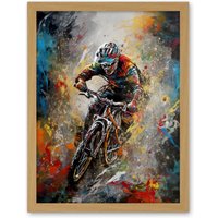 Artery8 Wall Art Print Mountain Biker Paint Splat Action Shot Portrait Artwork Framed 18X24 Inch in Light Oak | Size: W18" x H24"