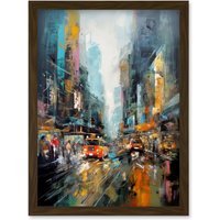 Artery8 New York City Rainy Day Abstract Action Cityscape Artwork Framed Wall Art Print A4 in Brown
