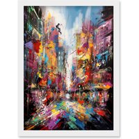 Artery8 Abstract City Street Modern Vibrant Cityscape Artwork Framed Wall Art Print A4 in White