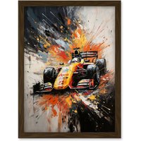 Artery8 Yellow Race Car Racing Scene Modern Spatter Art Artwork Framed Wall Art Print A4 in Brown