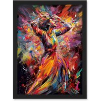 Artery8 Happy Woman Dancing to Music Modern Vibrant Colour Artwork Framed Wall Art Print A4 in Black