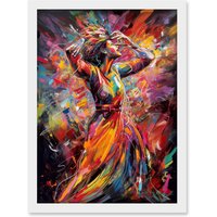 Artery8 Happy Woman Dancing to Music Modern Vibrant Colour Artwork Framed Wall Art Print A4 in White