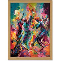Artery8 Abstract Figures Vibrant Dance Expression Artwork Framed Wall Art Print A4 in Light Oak