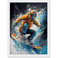 Artery8 Snowboarder Landing Snowboard Jump Splatter Paint Artwork Framed Wall Art Print A4 in White