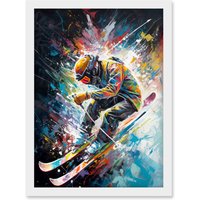 Artery8 Skier Skiing Vibrant Splatter Art Motion Painting Artwork Framed Wall Art Print A4 in White