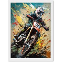 Artery8 Motocross Race Sport Driver Action Shot Painting Artwork Framed Wall Art Print A4 in White