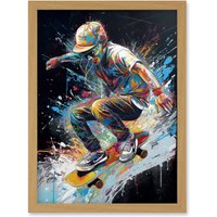 Artery8 Skateboarder Skating Multicoloured Splat Paint Artwork Framed Wall Art Print A4 in Light Oak