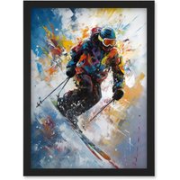Artery8 Skier Skiing Down Slope Vibrant Splat Art Painting Artwork Framed Wall Art Print A4 in Black