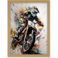 Artery8 Motocross Racer Paint Splat Action Shot Portrait Artwork Framed Wall Art Print A4 in Light Oak