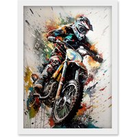 Artery8 Motocross Racer Paint Splat Action Shot Portrait Artwork Framed Wall Art Print A4 in White