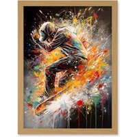 Artery8 Skateboarder Vibrant Splat Paint Action Shot Artwork Framed Wall Art Print A4 in Light Oak