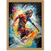Artery8 Surfer Surfing on Splatter Paint Crashing Waves Artwork Framed Wall Art Print A4 in Light Oak