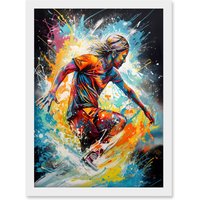 Artery8 Surfer Surfing on Splatter Paint Crashing Waves Artwork Framed Wall Art Print A4 in White