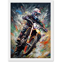 Artery8 Motocross Race Action Shot Paint Splat Portrait Artwork Framed Wall Art Print A4 in White