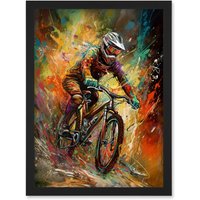 Artery8 Mountain Biker Paint Splat Portrait Action Shot Artwork Framed Wall Art Print A4 in Black