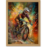 Artery8 Mountain Biker Paint Splat Portrait Action Shot Artwork Framed Wall Art Print A4 in Light Oak