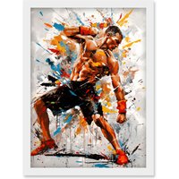 Artery8 Martial Arts Kickboxer Athlete Splat Paint Art Artwork Framed Wall Art Print A4 in White