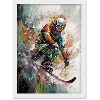 Artery8 Skier Skiing Winter Sport Paint Splat Painting Artwork Framed Wall Art Print A4 in White
