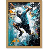 Artery8 Man Doing Parkour Jump Pose Paint Splat Portrait Artwork Framed Wall Art Print A4 in Light Oak