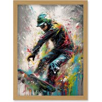 Artery8 Snowboarding Extreme Sport Athlete Paint Splat Artwork Framed Wall Art Print A4 in Light Oak