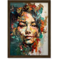 Artery8 Sad Young Woman Face Beauty Portrait Multicoloured Artwork Framed Wall Art Print A4 in Brown