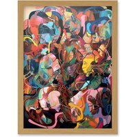 Artery8 Human Relationships Multicoloured Abstract Crowd Artwork Framed Wall Art Print A4 in Light Oak