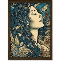 Artery8 Mother Nature Modern Boho Art Nouveau Linocut Artwork Framed Wall Art Print A4 in Brown