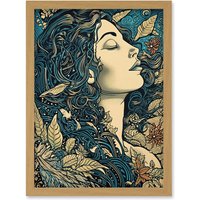 Artery8 Mother Nature Modern Boho Art Nouveau Linocut Artwork Framed Wall Art Print A4 in Light Oak