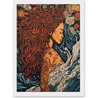 Artery8 Sea Water Nymph Modern Art Nouveau Linocut Artwork Framed Wall Art Print A4 in White